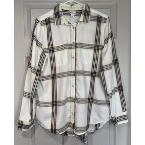 Stylus Plaid Button‎ Up Shirt Women's Size L Long Sleeve White Purple Yellow